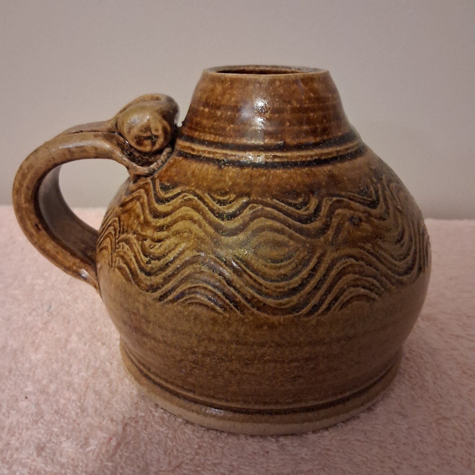 Studio Art Pottery Hand Thrown Pottery Jug Vase Brown Handle Artist Signed