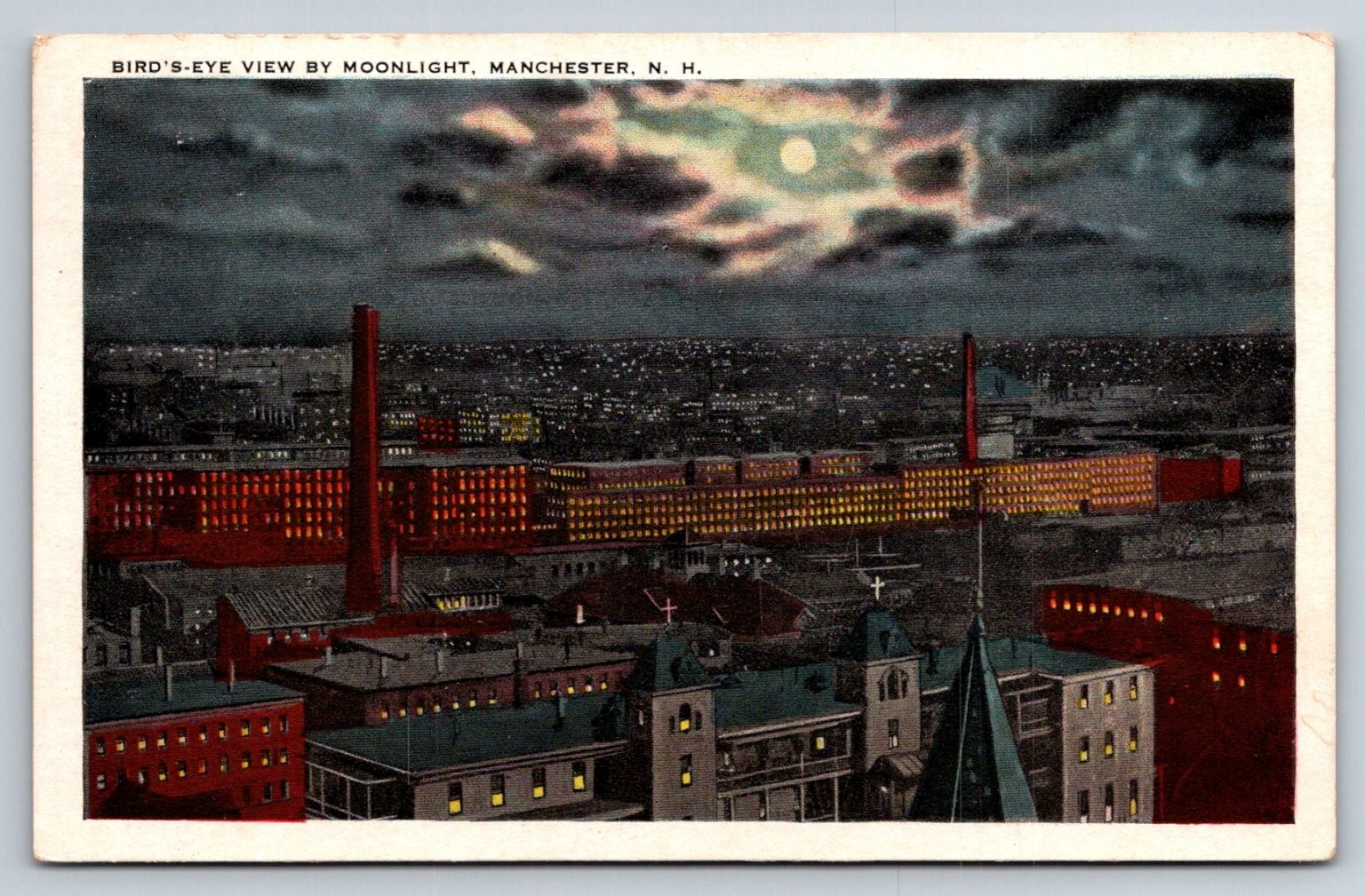 Manchester NH Moonlight Bird\'s-Eye View Mills 1926 Postcard John B Varick