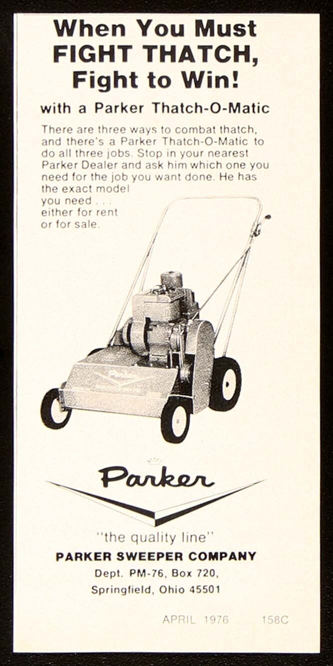 Parker Thatch-O-Matic Combat Lawn Yard Grass Thatch Vintage Print Ad 1976 Parker Thatch-O-Matic Combat Lawn Yard Grass Thatch Vintage Print Ad 1976