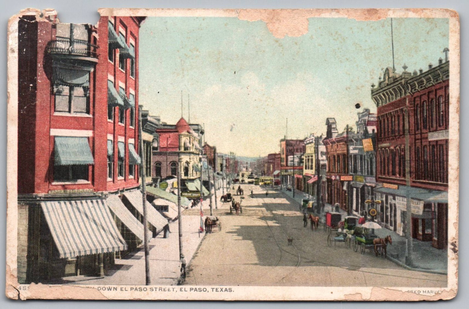 C1910s - El Paso Street Texas Birds Eye View Carriages Autos Postcard P24