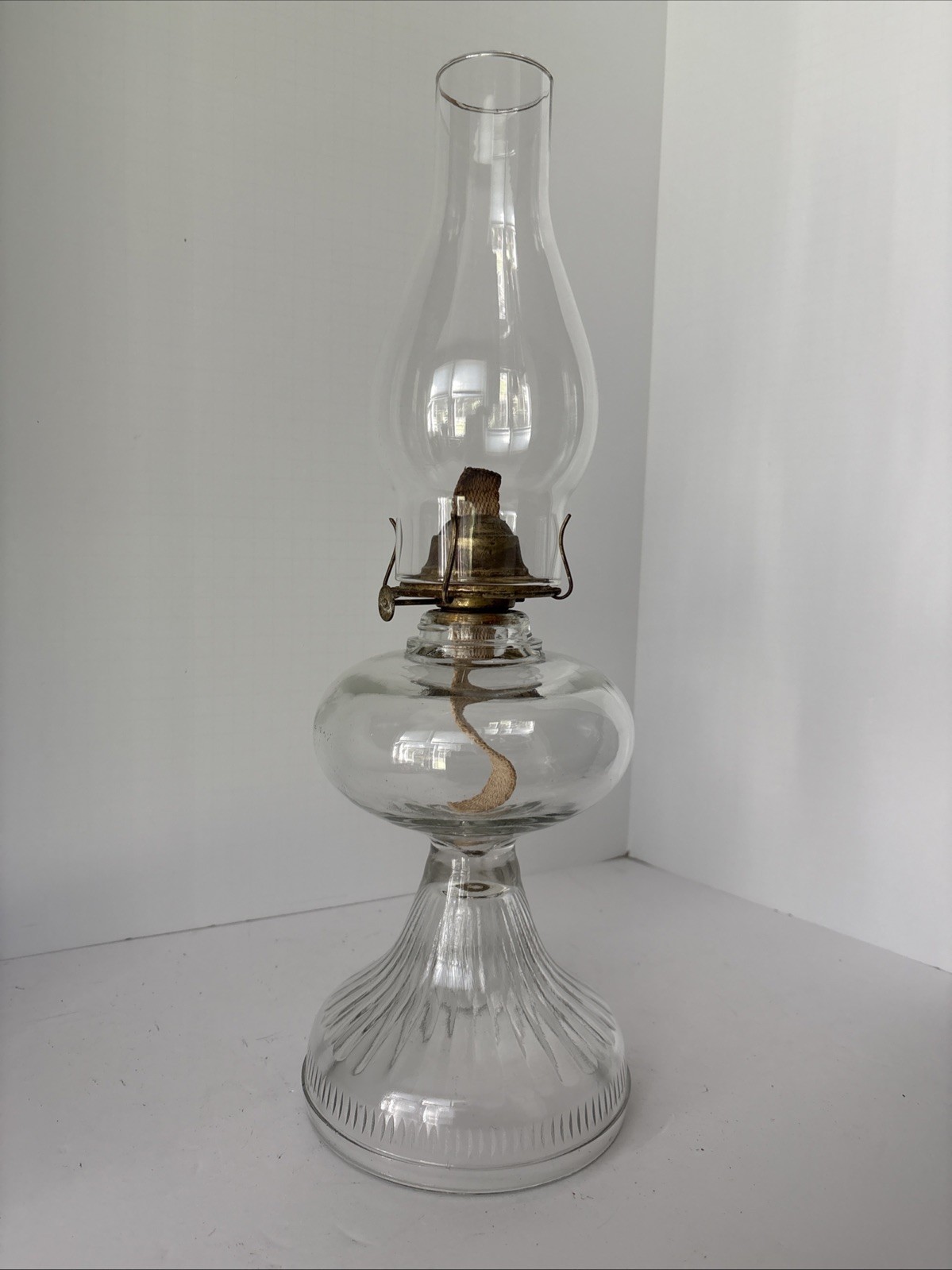 Vintage Clear Glass Kerosene Oil Lamp Ribbed Pedestal Base 18-1/2” MCM 1960s Vintage Clear Glass Kerosene Oil Lamp Ribbed Pedestal Base 18-1/2” MCM 1960s