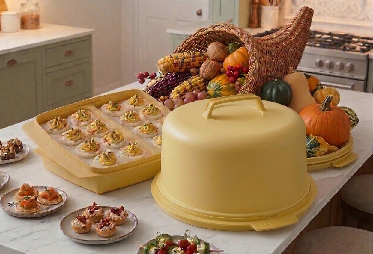 Vtg 70s Tupperware Harvest Yellow Carrier Bundle - Dvld Egg & Large Cake Servers Vtg 70s Tupperware Harvest Yellow Carrier Bundle - Dvld Egg & Large Cake Servers