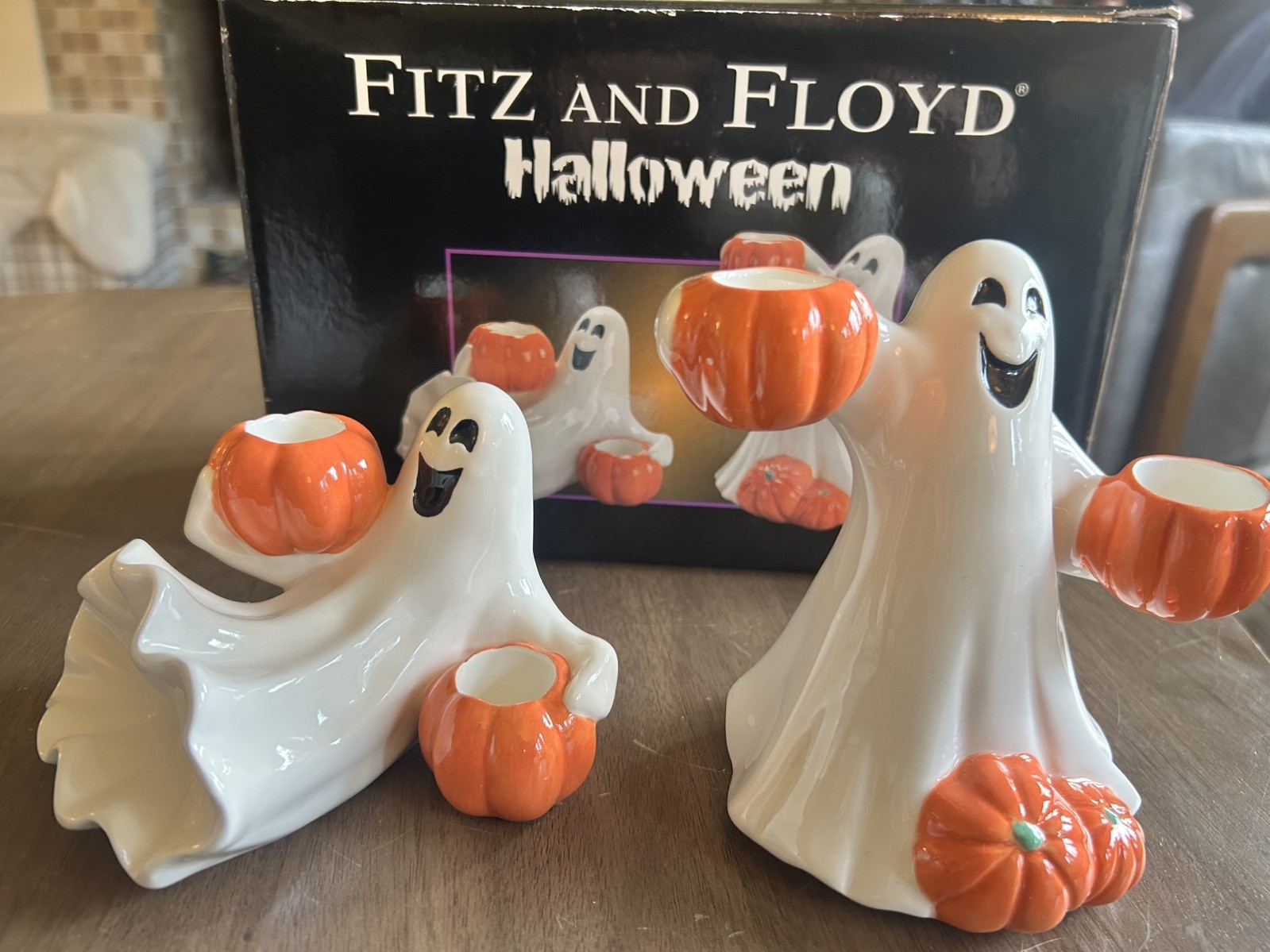 2004 Vintage Fitz & Floyd Halloween Ghost & Pumpkin  Candle Holders New/Open Box