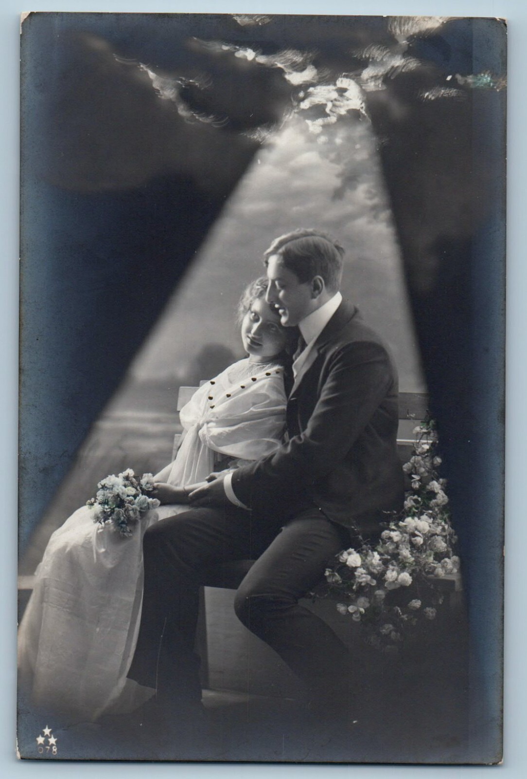 c1910's Romance Sweet Couple With Flowers RPPC Photo Antique Unposted Postcard