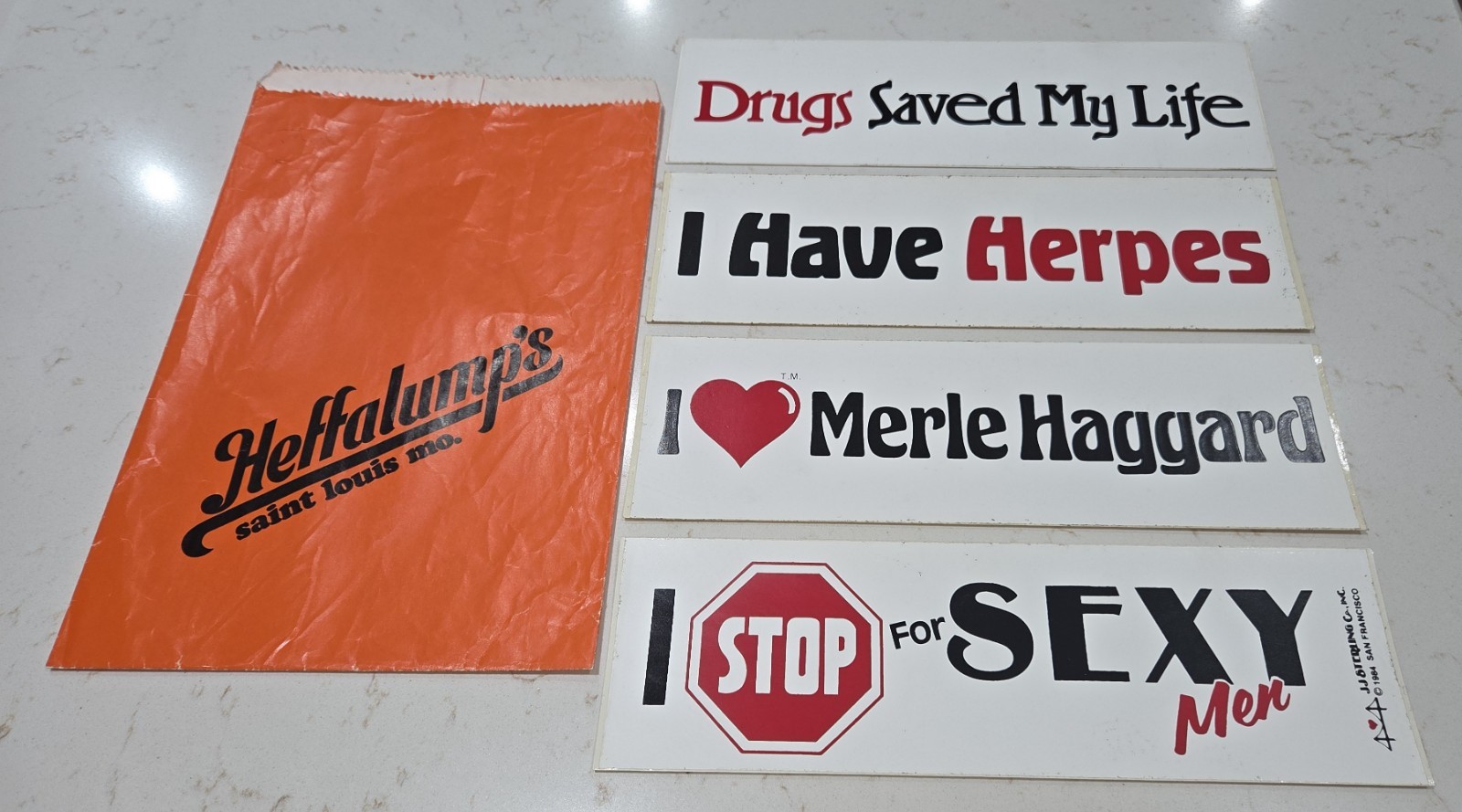 Set of Four 1980's Vintage Bumper Stickers - Heffalump's Sack - Sex, Haggard