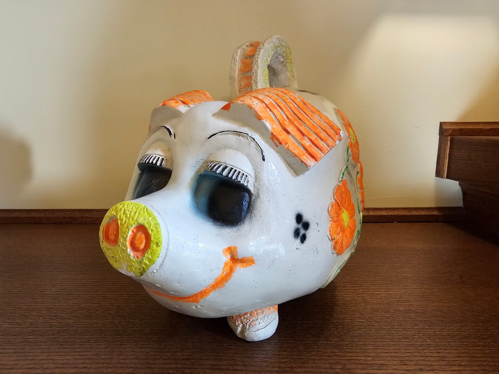 Vintage Mexico Large Piggy Pig Bank Neon Folk Art FlowersRetro Groovy