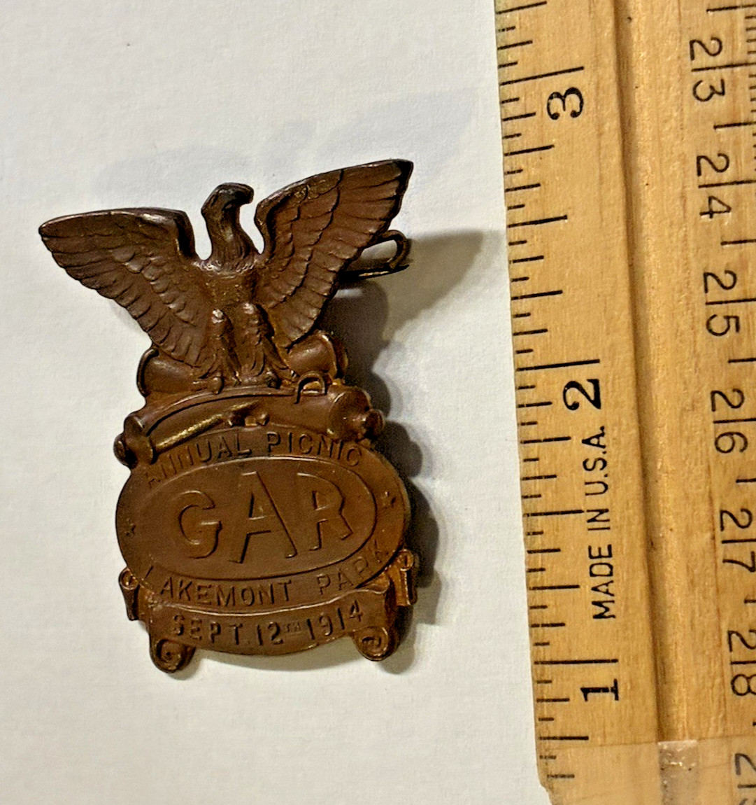VINTAGE SEPT 12, 1914 GAR GRAND ARMY REPUBLIC ANNUAL PICNIC BADGE -LAKEMONT PARK