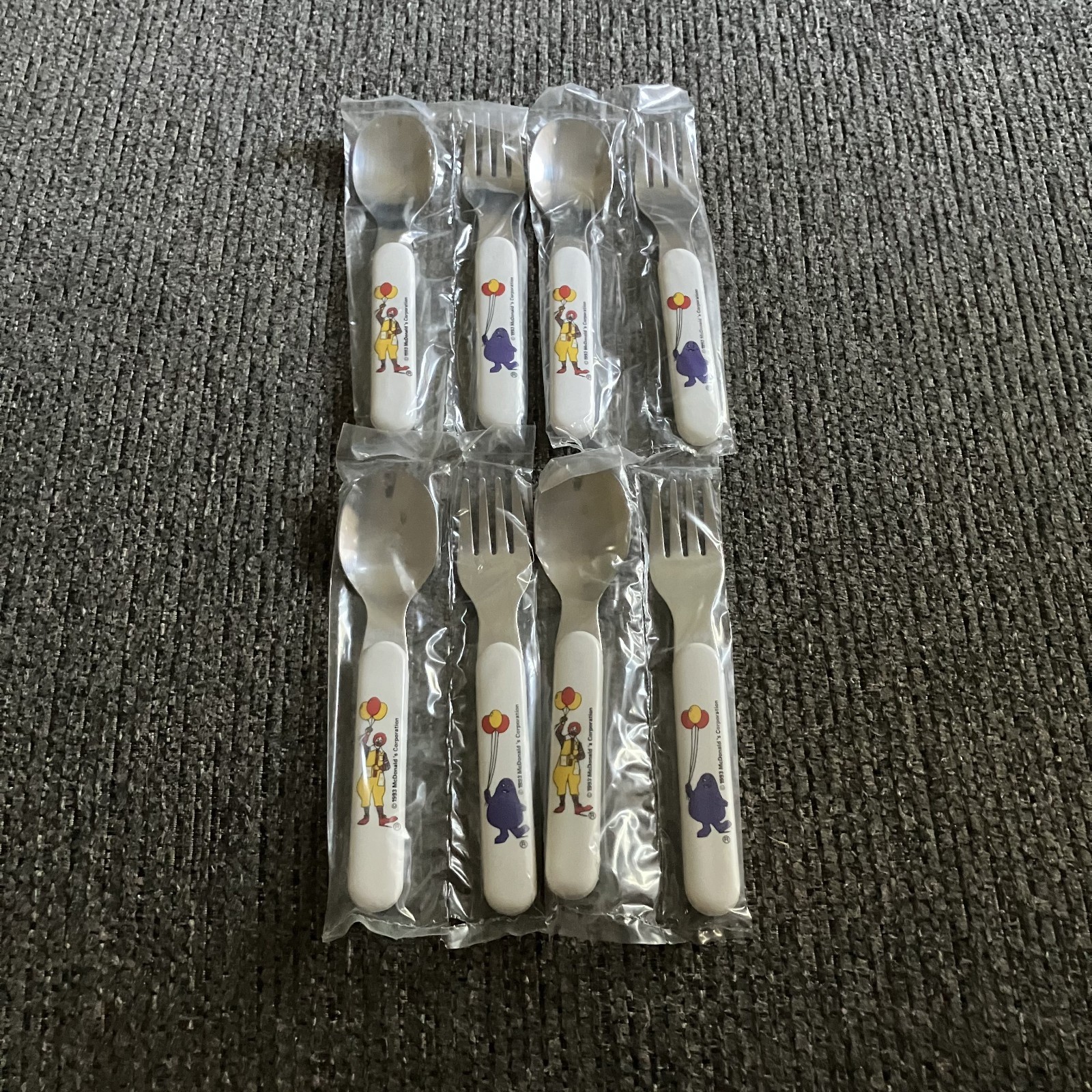 Vintage 1993 McDonald\'s Child Spoon Fork Silverware Ronald Grimace NEW Set of 4 Vintage 1993 McDonald\'s Child Spoon Fork Silverware Ronald Grimace NEW Set of 4
