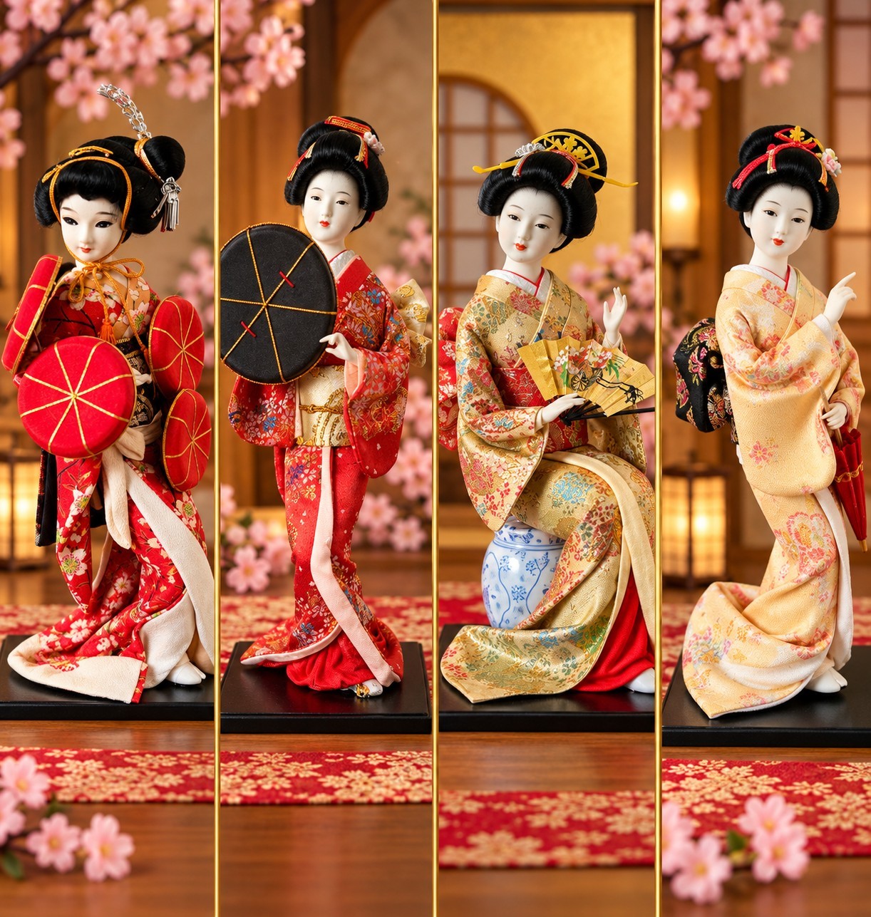 Vintage Japanese Geisha Doll Lot of 4 Kimono Figurines Traditional Japan Decor
