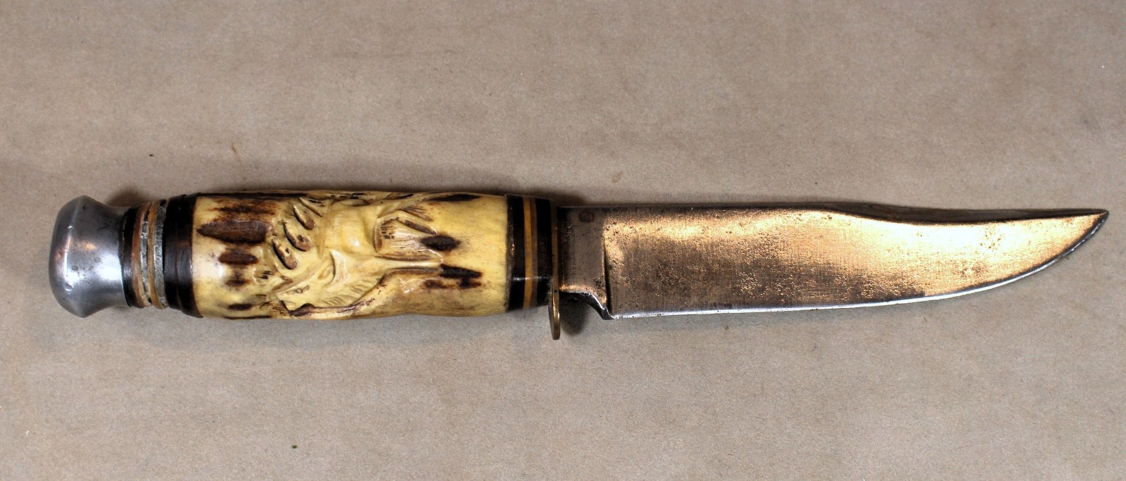 1950\'s EDGE MARK German Solingen Hunting Knife - Antler Handle Carved with Stag 1950\'s EDGE MARK German Solingen Hunting Knife - Antler Handle Carved with Stag
