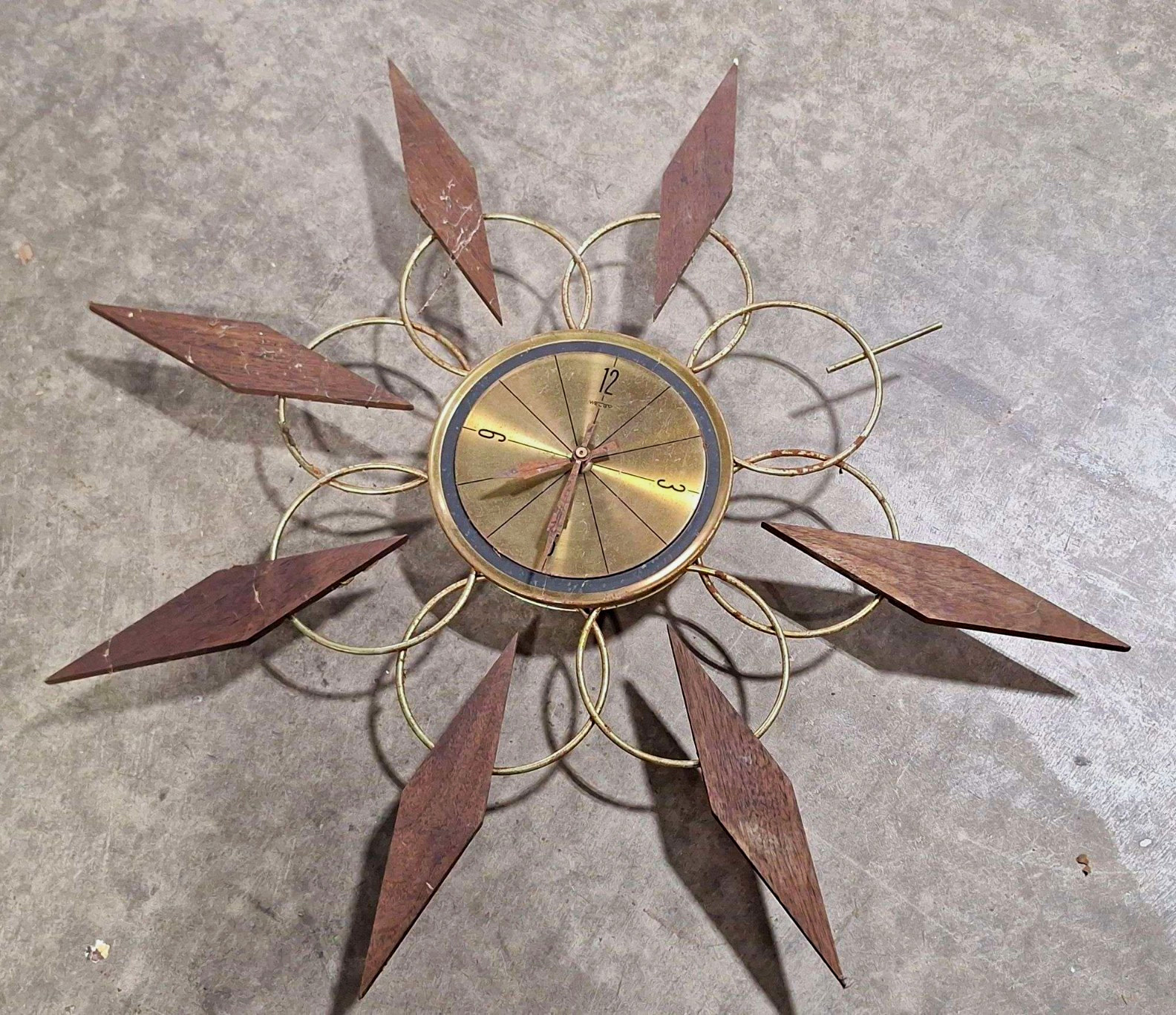 Mid Century Modern Sunburst Welby Wall Clock Gold Metal  Wood, Analog Round