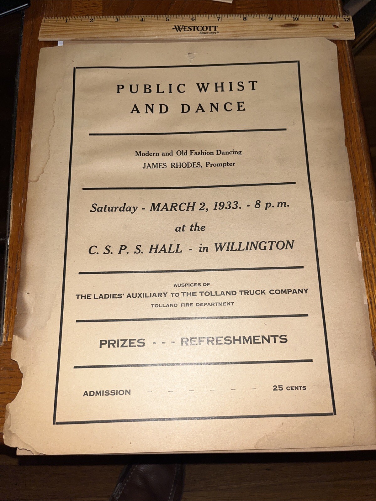 1933 Willington Connecticut Public Whist & Dance Advertising Placard CT History