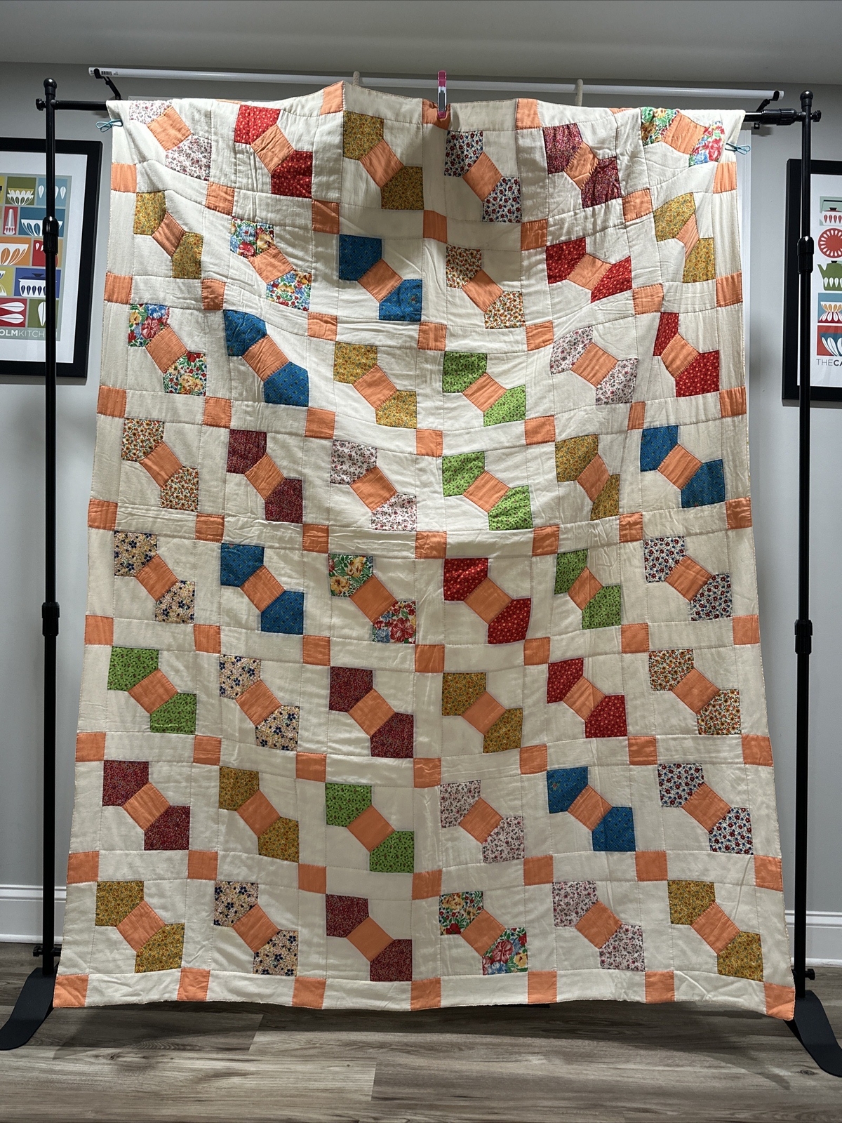 Vibrant Vintage Handsewn Peach & Bow Tie Block Quilt 62” X 82”