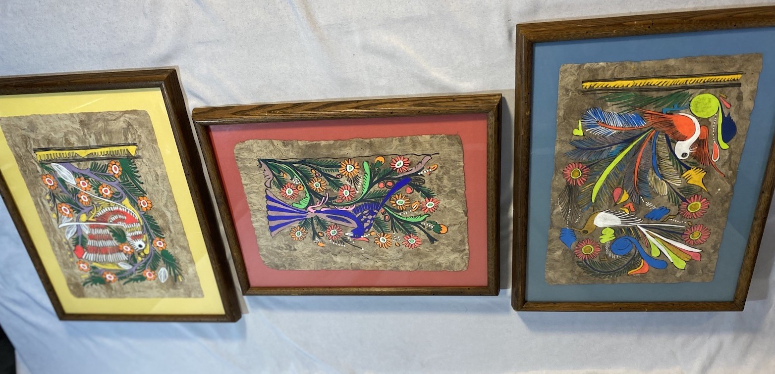 3 Vintage Mexican Bark FolkArt Gouache Painting Birds & Flowers Framed 17x13