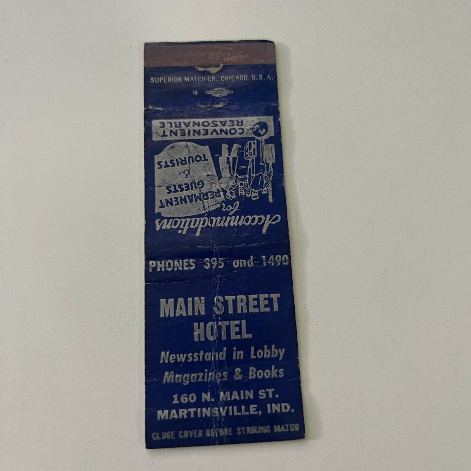 Main Street Hotel Convenient Martinsville IN Vintage Matchbook Cover SMB8-2