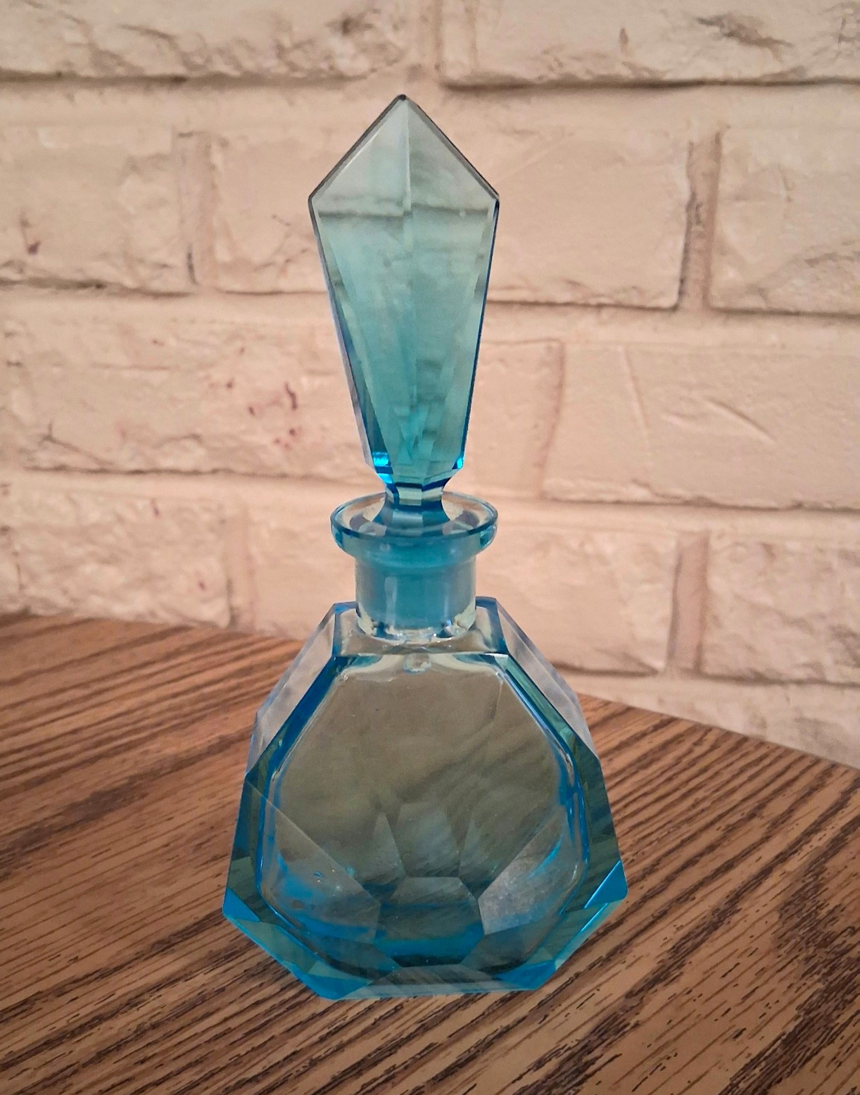 Vtg 1930s Czech Art Deco Blue Glass Perfume Bottle Decanter Faceted 6.25