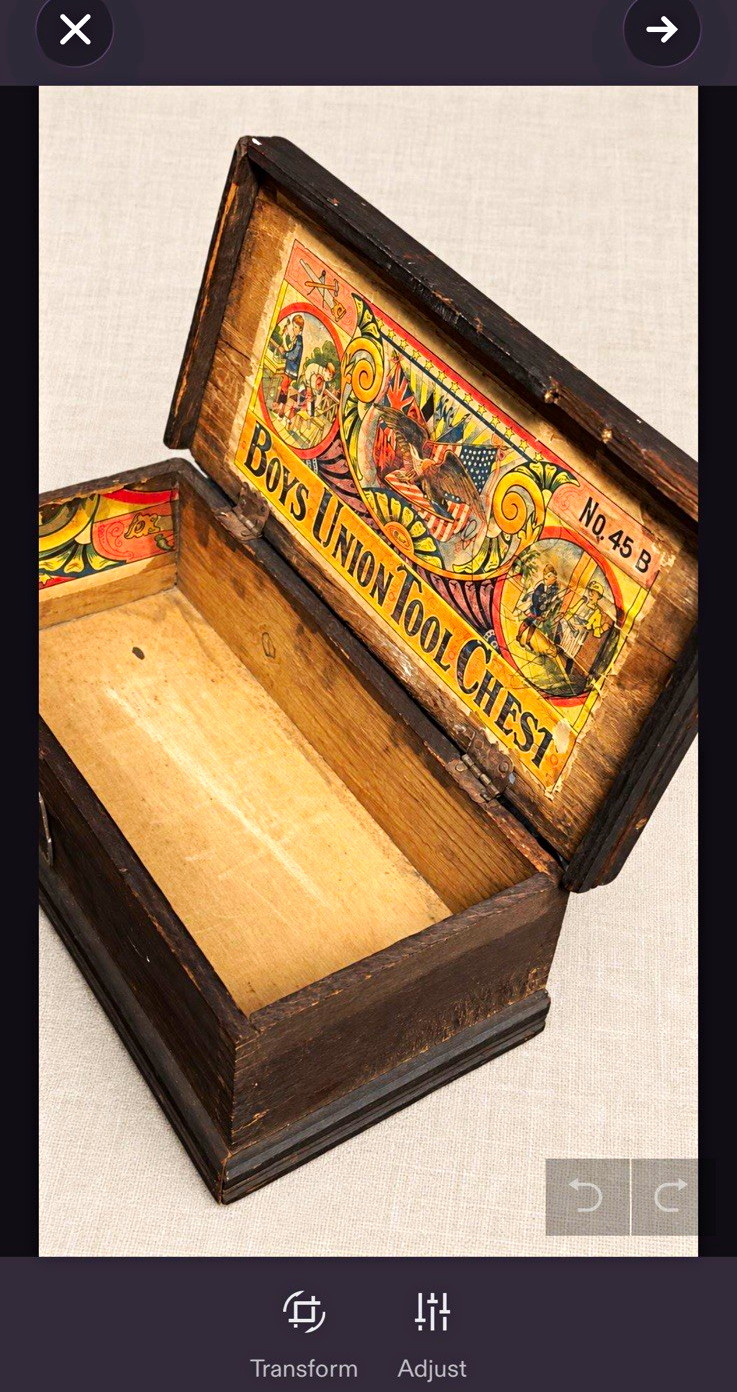 Antique Boys Union Tool Chest No. 45B | Wooden Toy Tool Box | Original Label