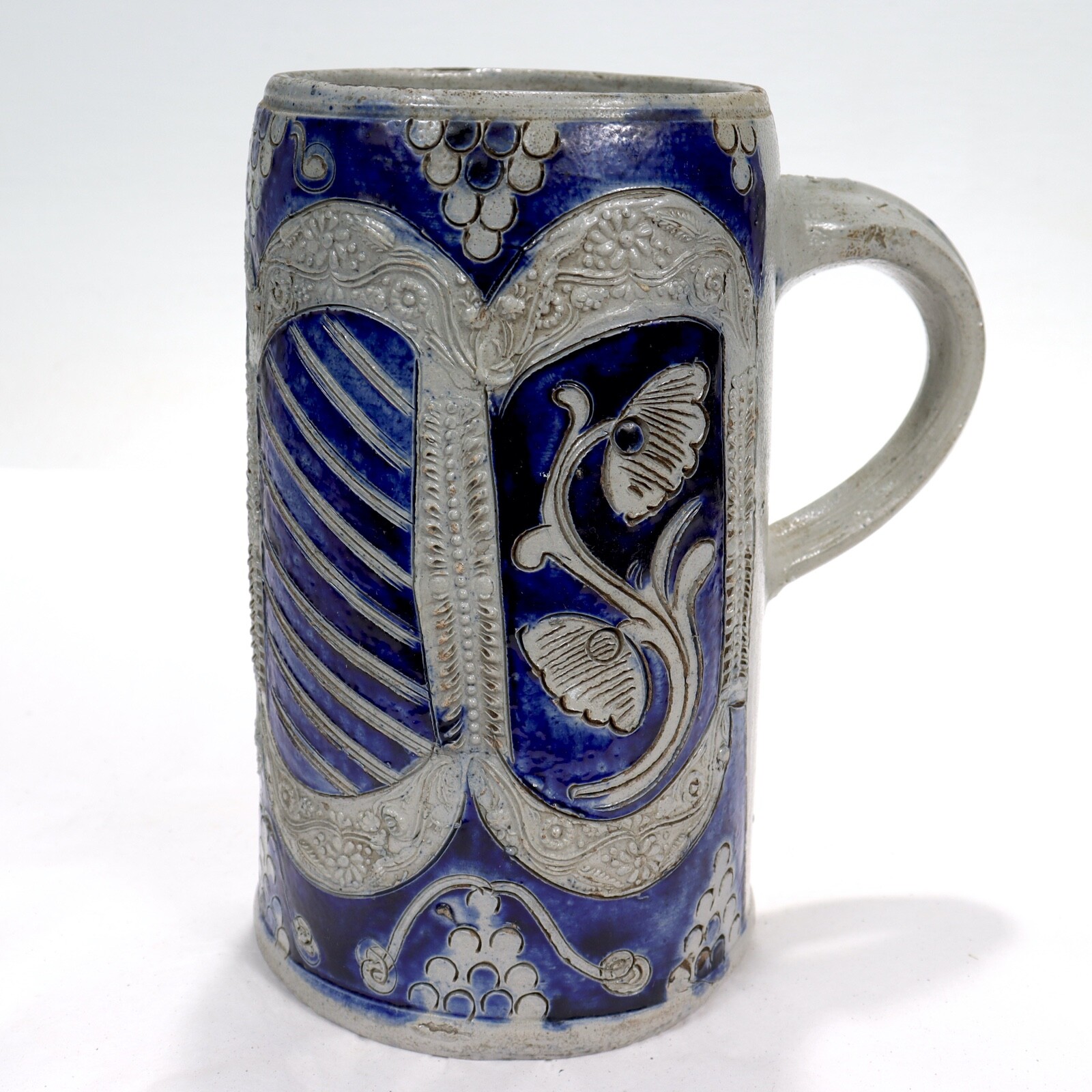 Antique 18th Century German Westerwald Blue & White Stoneware Pottery Stein