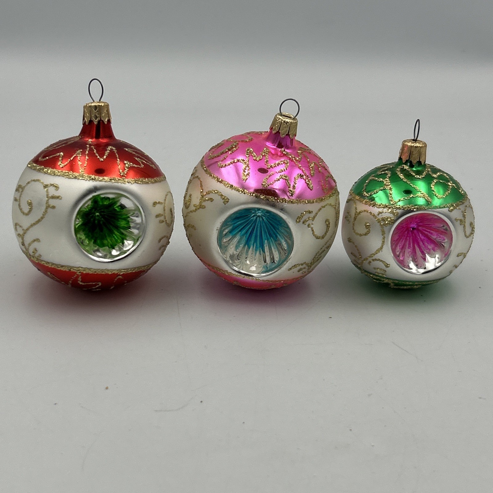 3X Vintage Triple Indent Blown Glass Ornaments  Gold Pink Blue Silver Colombian