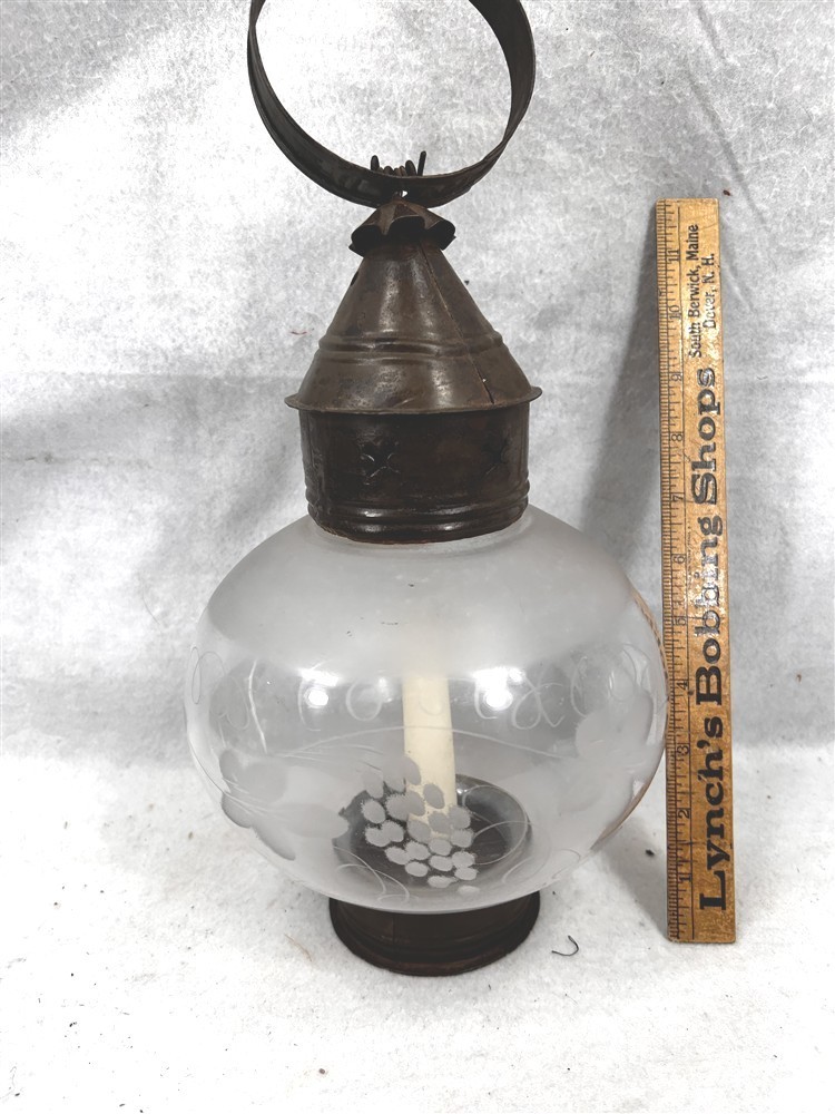 antique round onion etched glass candle lantern lamp original rare 18th 19thc 