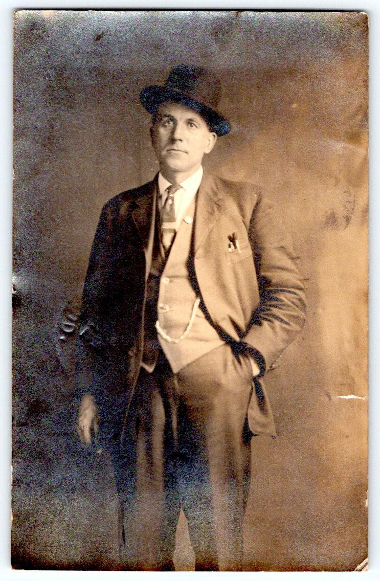 1912 RPPC DAPPER GENTLEMAN from HINTON WEST VIRGINIA to PEMBERTON WV POSTCARD