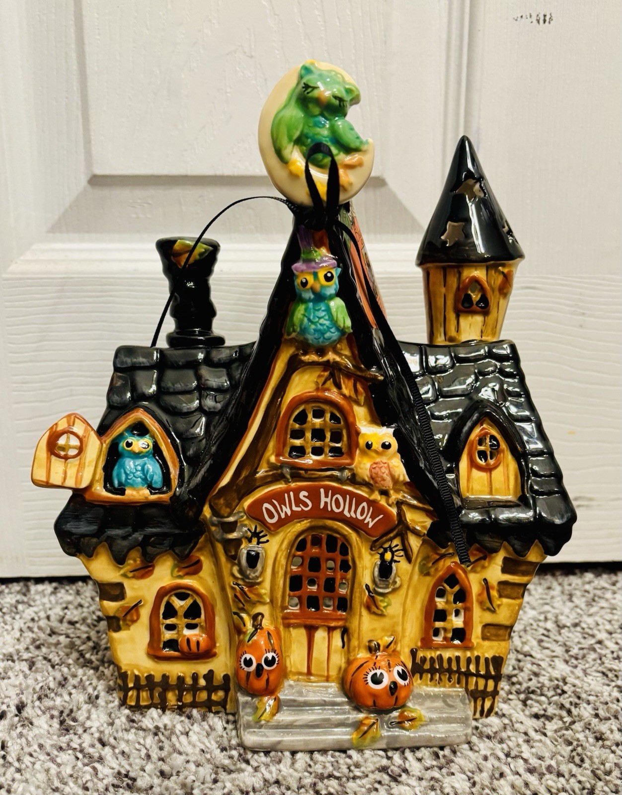 Blue Sky Clayworks Owls Hollow Halloween House Tealight Candle Holder Blue Sky Clayworks Owls Hollow Halloween House Tealight Candle Holder