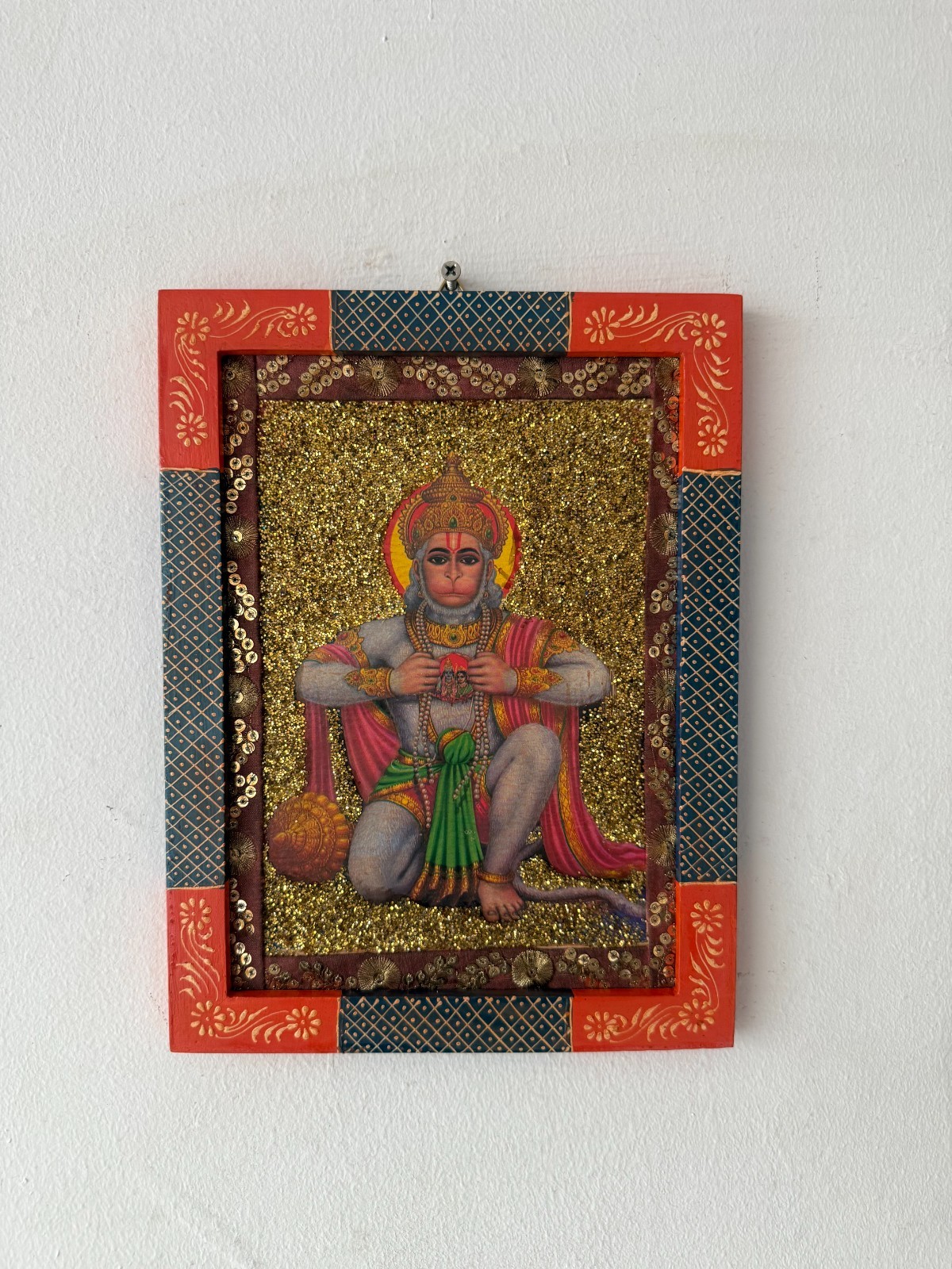Vintage Hanuman Photo Frame Hindu God Picture Wooden Wall Hanging frame - 9x12 \
