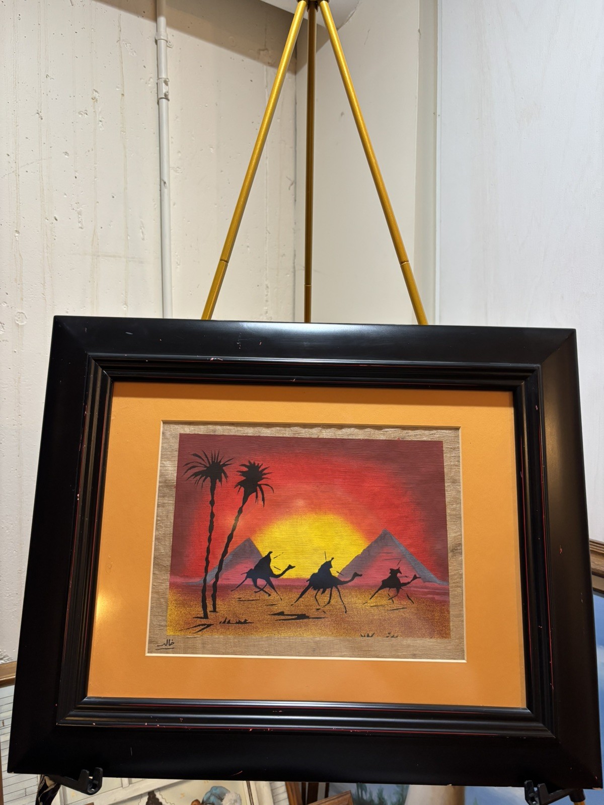 Vintage Original Egyptian Papyrus Painting Signed Camel Pyramids Egypt Framed Vintage Original Egyptian Papyrus Painting Signed Camel Pyramids Egypt Framed