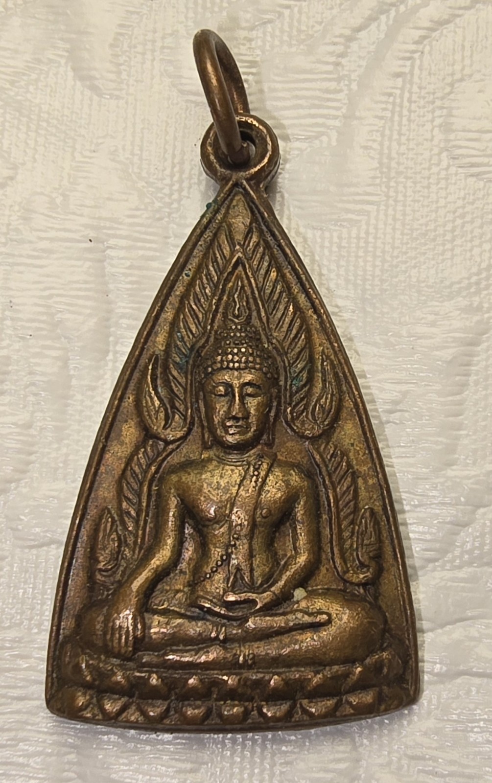 Thai Buddhist Bronze Tone Metal Triangle Buddha Amulet Pendant, Thai Script Thai Buddhist Bronze Tone Metal Triangle Buddha Amulet Pendant, Thai Script