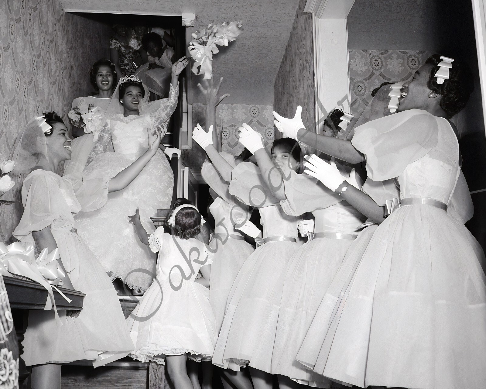 1950s Black Bride Throwing Bouquet to Her Bridesmaids, Vintage Photo Reprint 1950s Black Bride Throwing Bouquet to Her Bridesmaids, Vintage Photo Reprint
