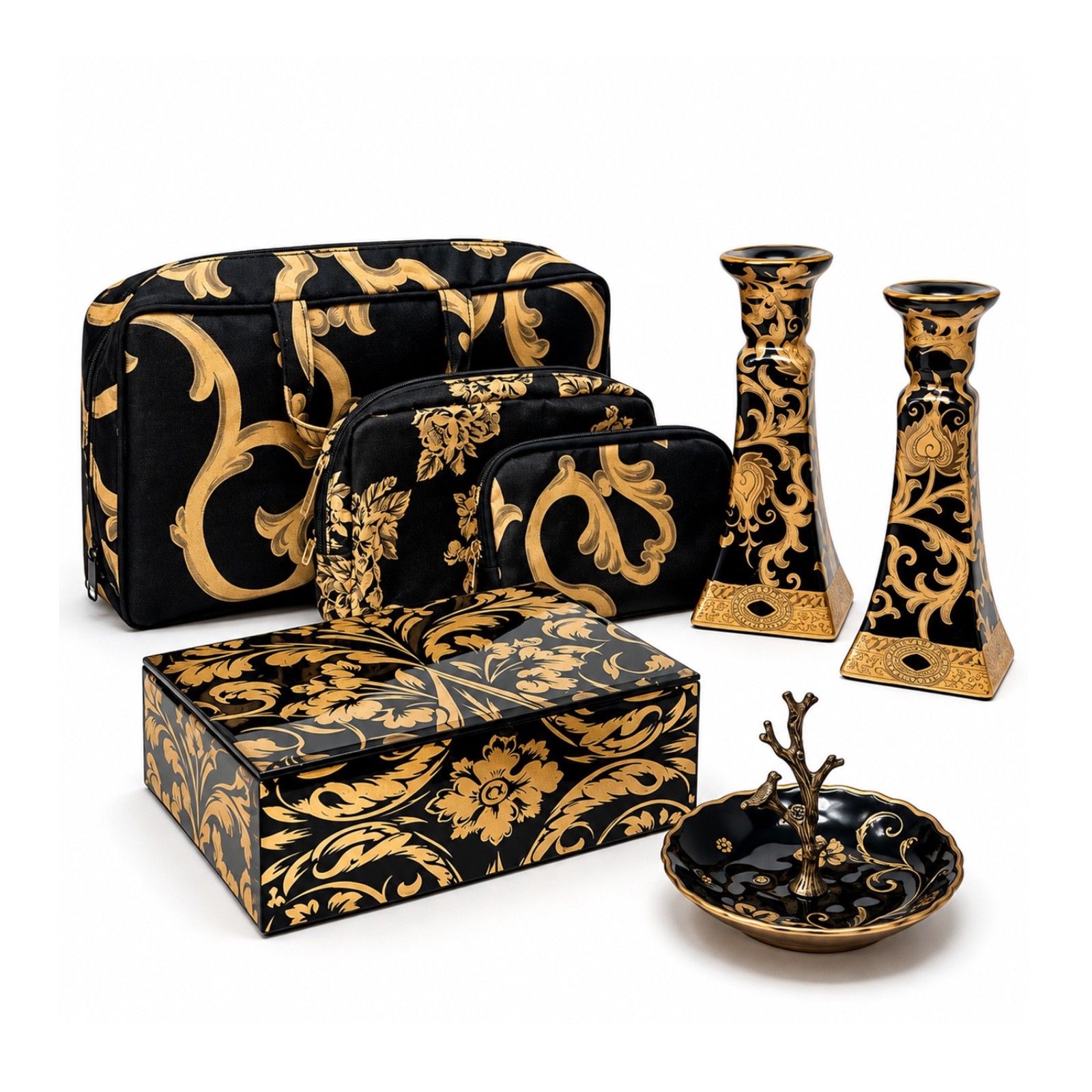 Vintage Black Gold Baroque Matching Multi-Piece Vanity Set, 4 Pieces
