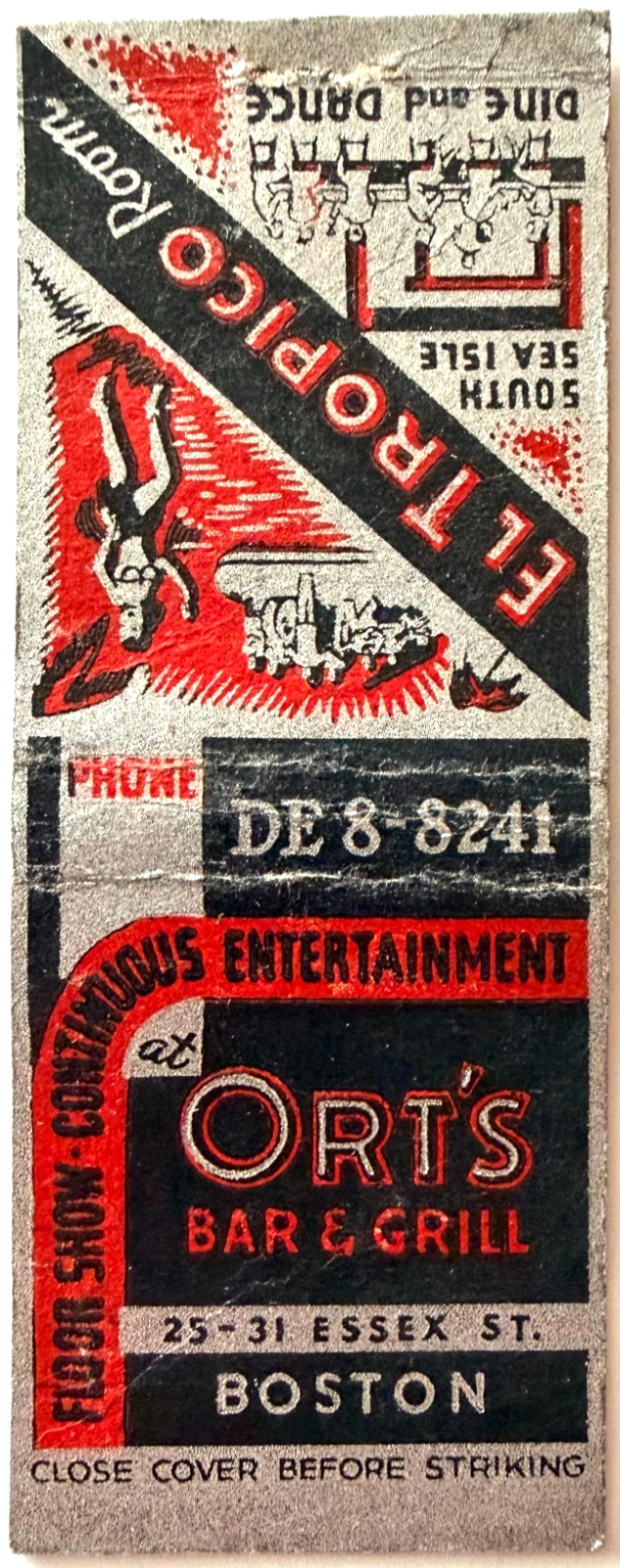 1940s Ort\'s Bar & Grill Restaurant Vintage Matchbook Cover Izzy Ort Boston Rooms