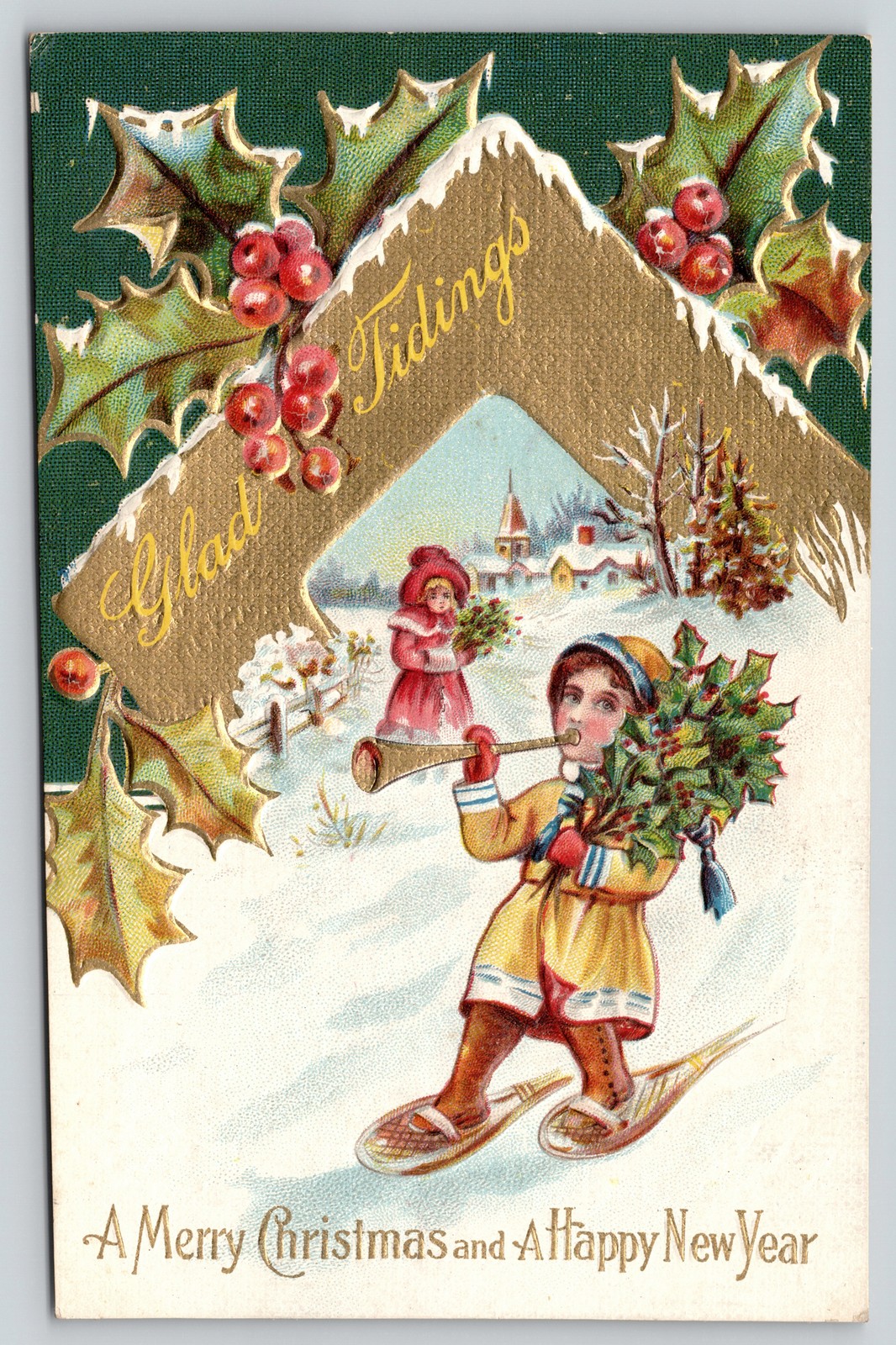 Children Carrying Holly in Snow Merry Christmas Happy New Year Embossed Postcard Children Carrying Holly in Snow Merry Christmas Happy New Year Embossed Postcard