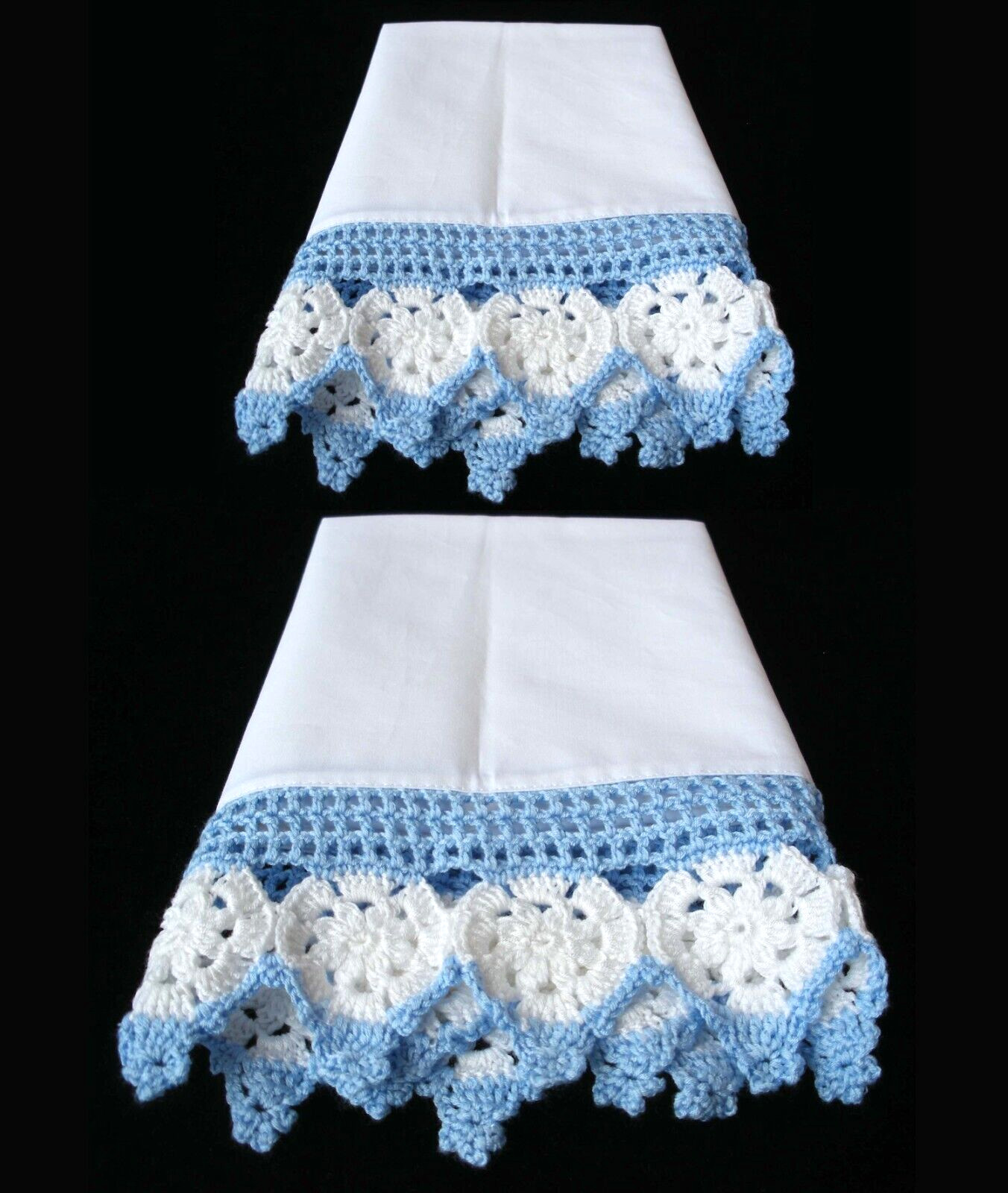 New White-blue hand Crochet trim Pure Cotton White PillowCases  Standard  Pair