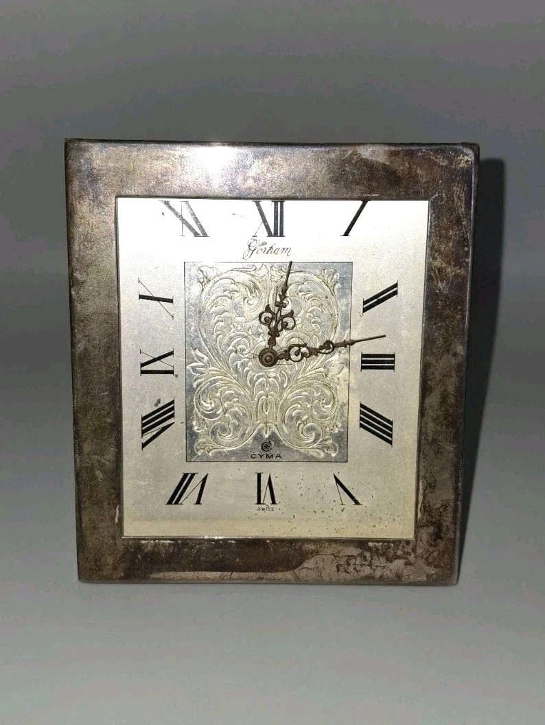Gorham Alarm Clock 399C CYMA Sterling Silver Etched Face Executive Travel Vtg