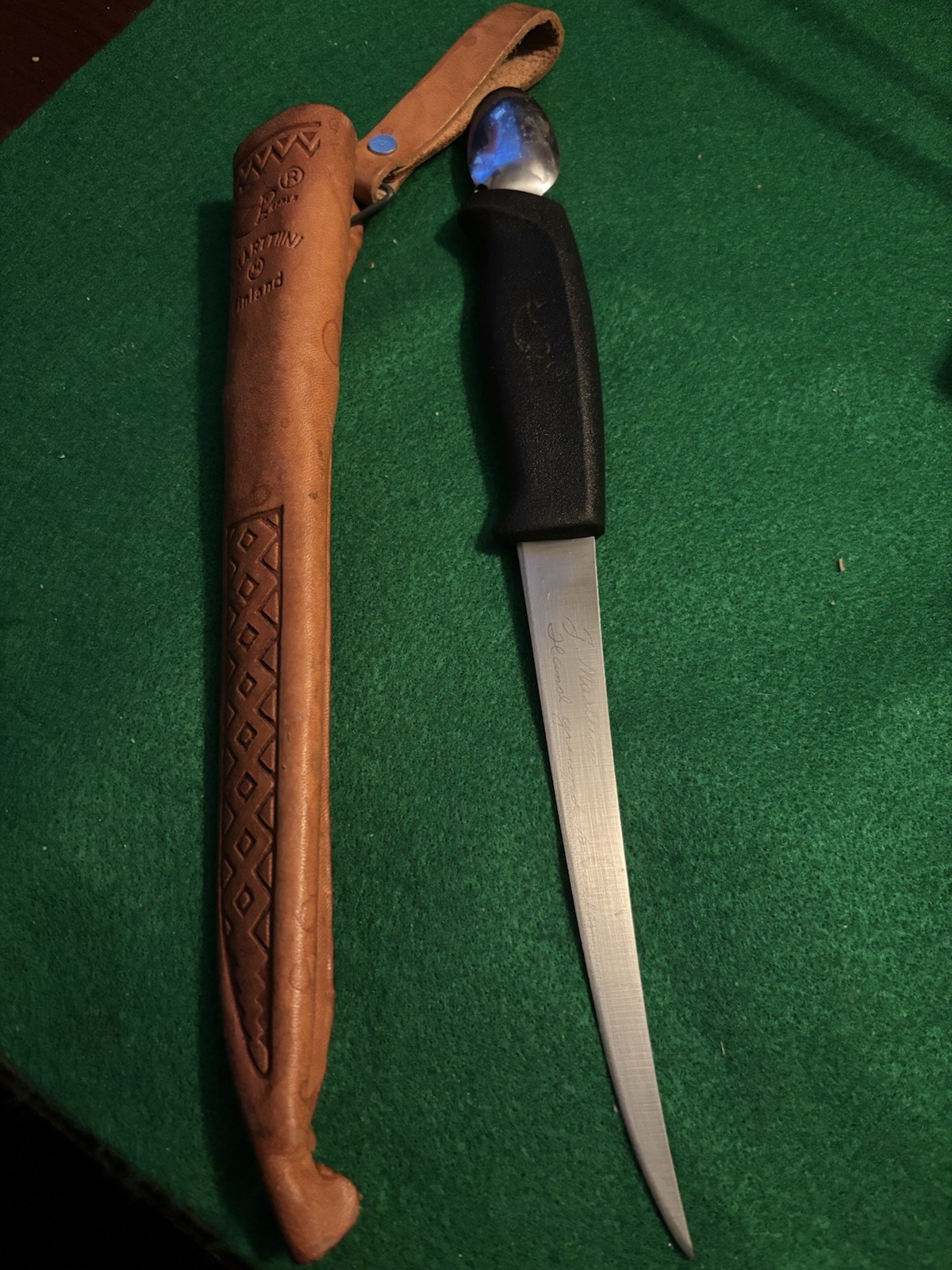 Finnish J. Marttiini Hand Ground Stainless Fixed Blade Knife with Leather Sheath Finnish J. Marttiini Hand Ground Stainless Fixed Blade Knife with Leather Sheath