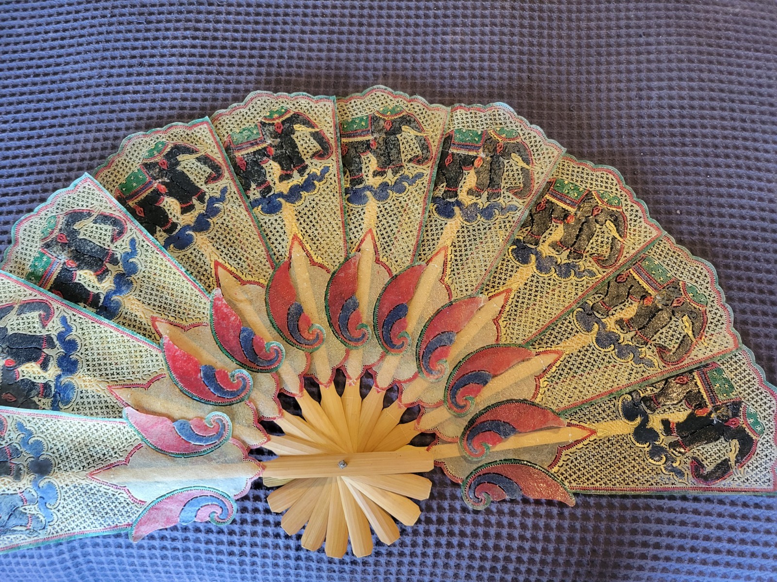ANTIQUE INDONESIAN PIERCED VELLUM (ANIMAL SKIN) HAND FAN INTRICATE PATTERN RARE