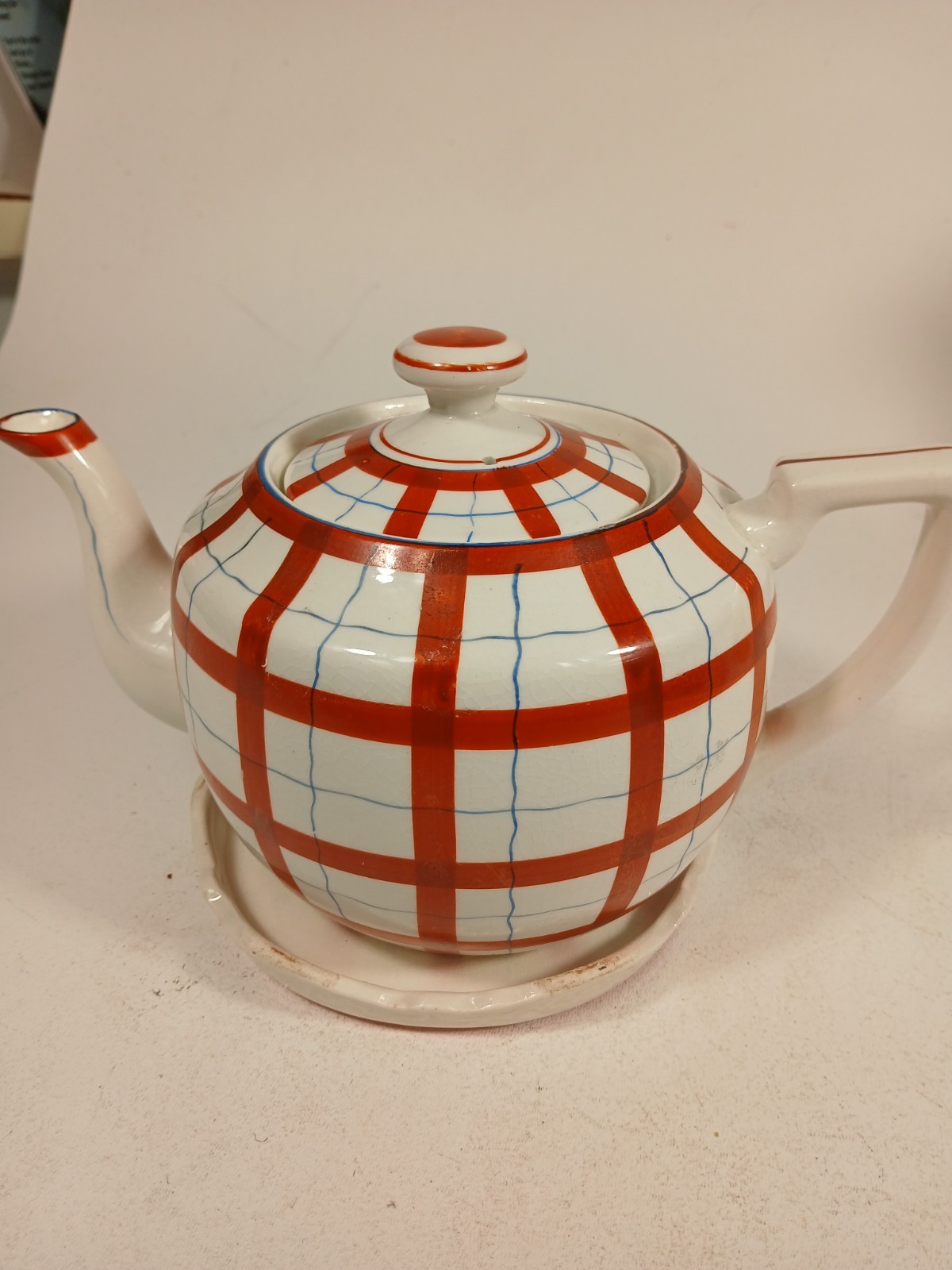 Vintage Ceramic Teapot  Japan MCM Hand Painted Plaid Kikusui