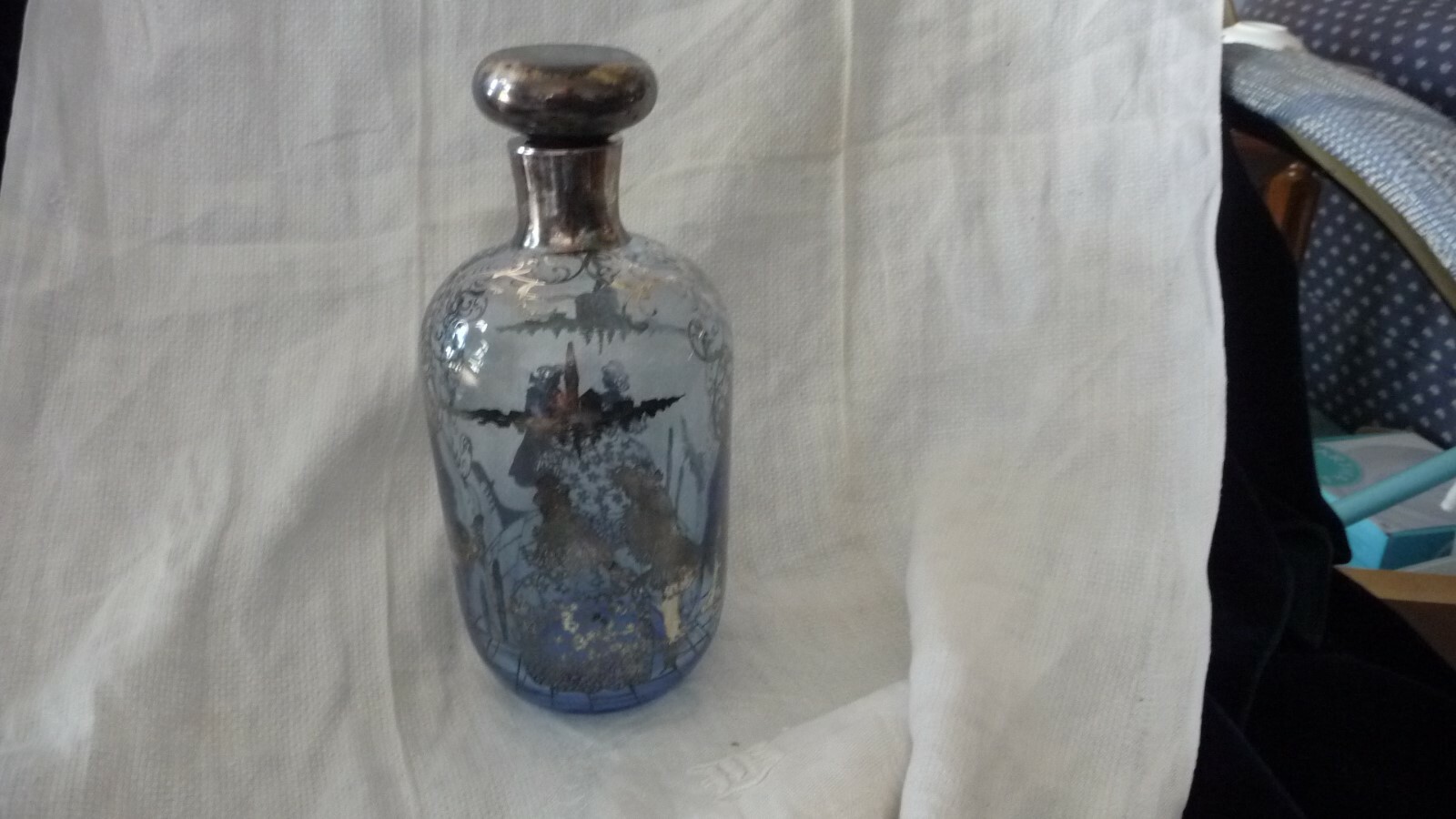 #11/9  vtg DECANTER  Blue BLOW GLASS Silver Overlay Design Man &  Woman