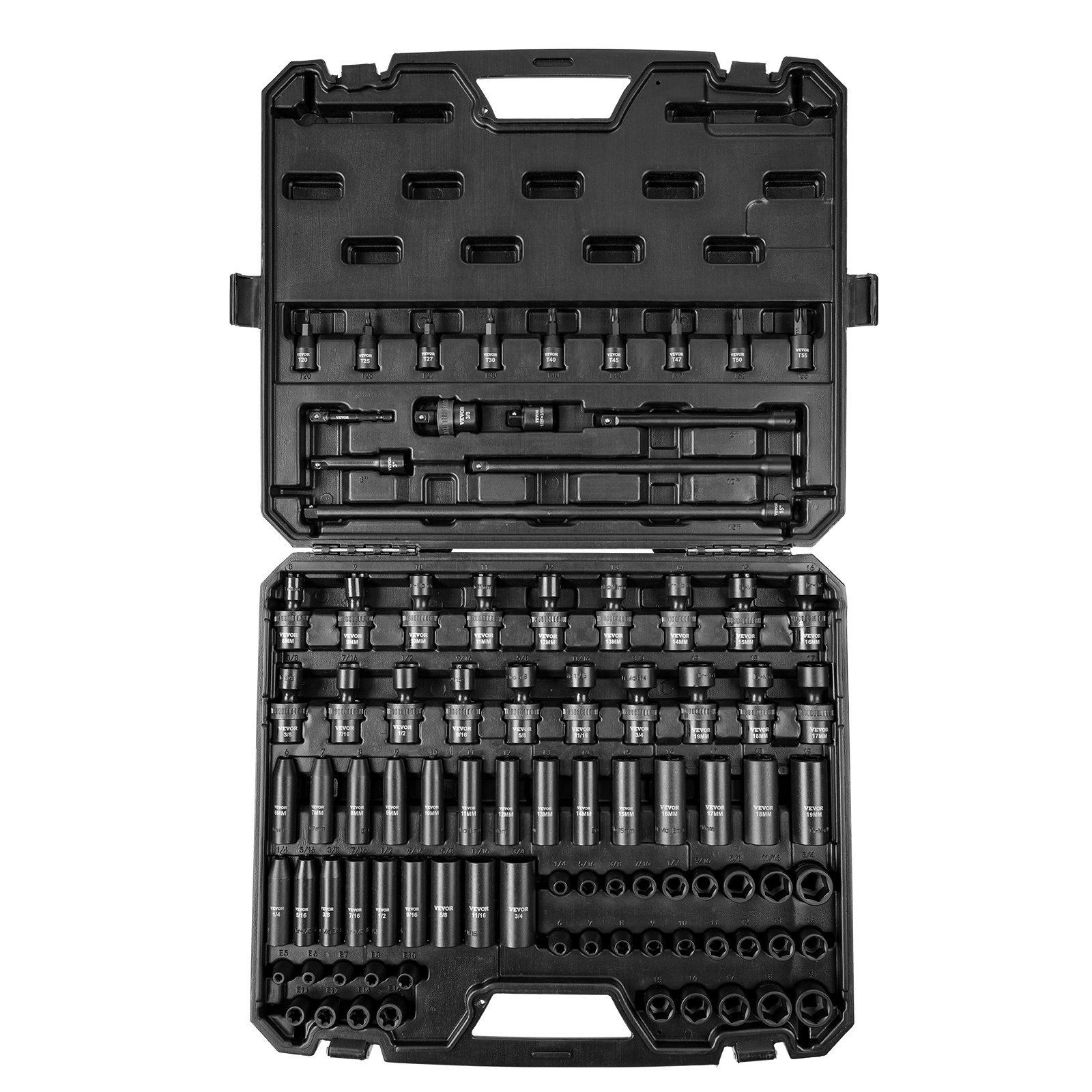 Impact Socket Set 3/8in 90Pc SAE Metric Double-Sized Markings Case