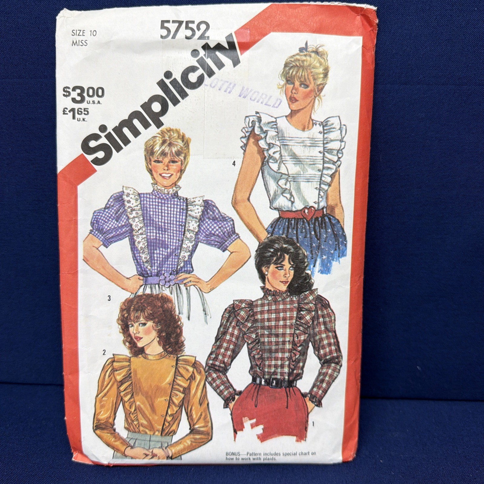 Vtg 80's Simplicity 5752 RUFFLED ASYMMETRICAL BLOUSE Sewing Pattern Women Sz 10