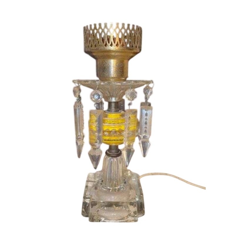 Antique Fostoria Table Lamp Distinctive Topaz Yellow Glass Crystal Prisms10-1/2\