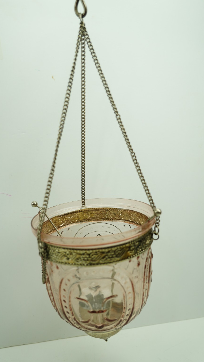 Rare Vintage Peach Glass Hundi Bell Jar Lantern Hanging Votive Candle Holder