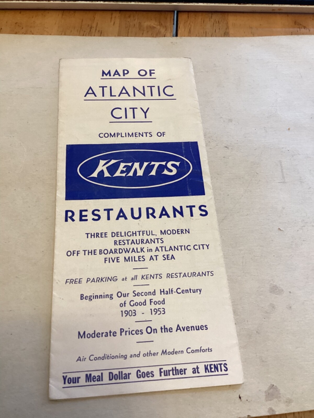 Vintage Kents Restaurant Map Of Atlantic City with restaurant photos.1953
