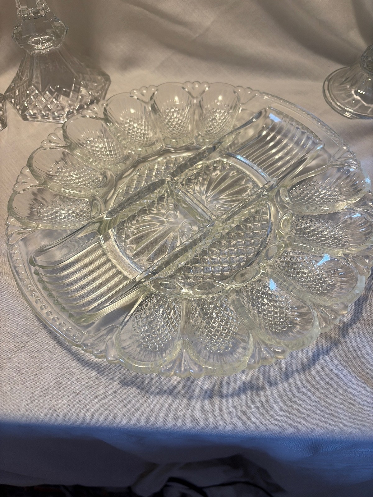 Vintage Clear Glass Deviled Egg Platter with Divided Center Vintage Clear Glass Deviled Egg Platter with Divided Center
