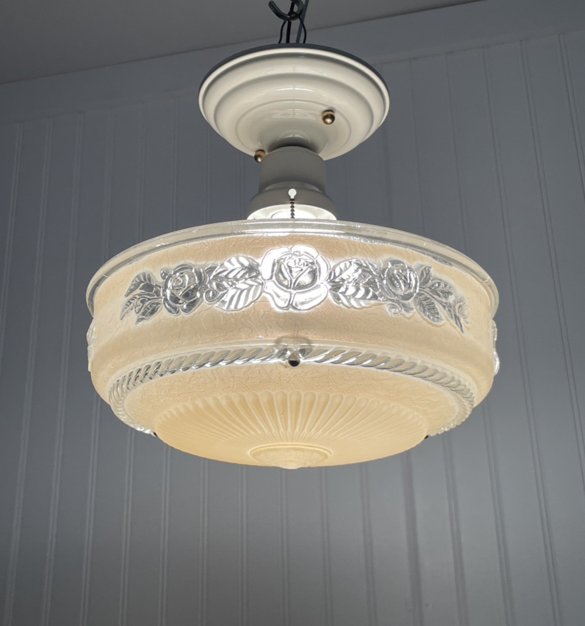 RESTORED Vtg Semi Flush Mount Glass Ceiling Light Art Deco 1920s 1930 1940 Gold