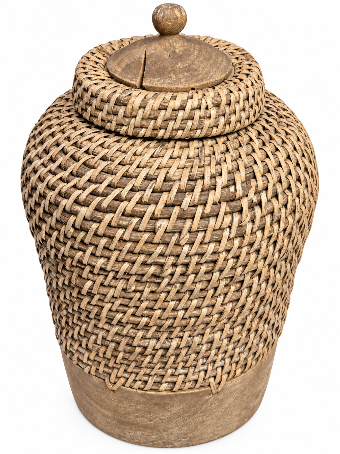 Boho Chic Large Handwoven Rattan and Wood Ginger Jar With Lid From the Philippin
