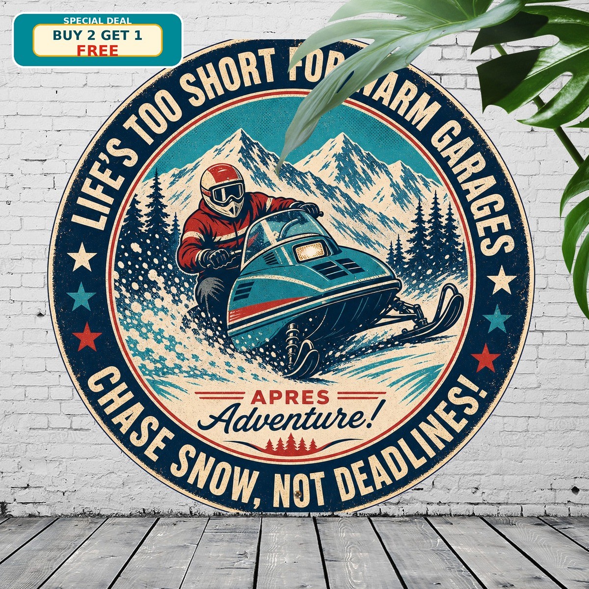 Snowmobile Winter Sports Round Tin Sign Faux Wood Pattern Wall Decor