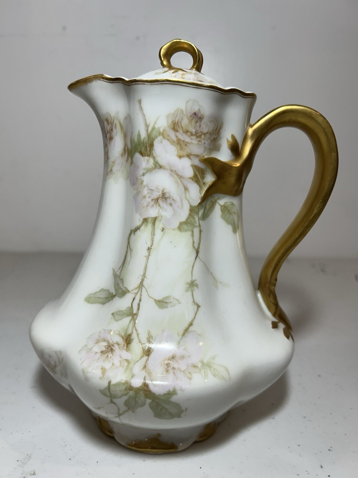 Haviland Limoges Porcelain Pitcher France W/ Lid Floral Chocolate Pink Gold Gilt