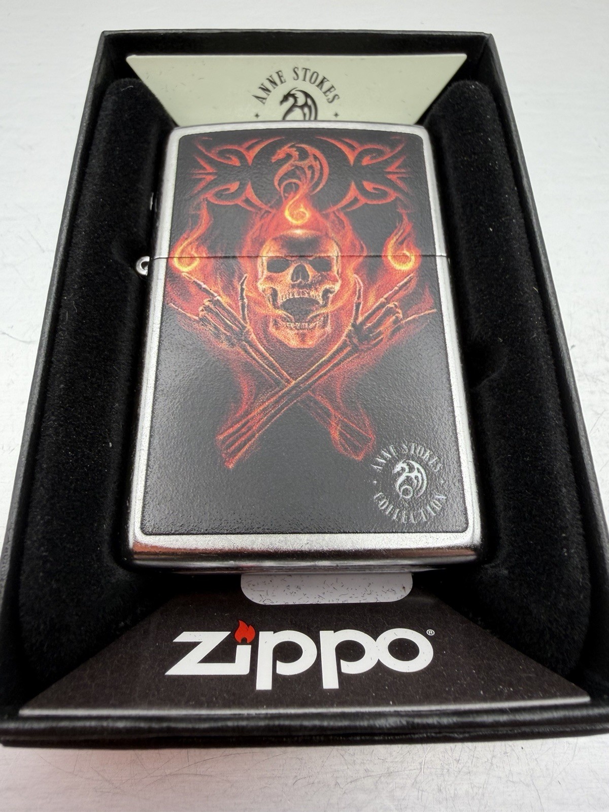 2026 Anne Stokes Flaming Skull Chrome Zippo Lighter NEW 47578 2026 Anne Stokes Flaming Skull Chrome Zippo Lighter NEW 47578